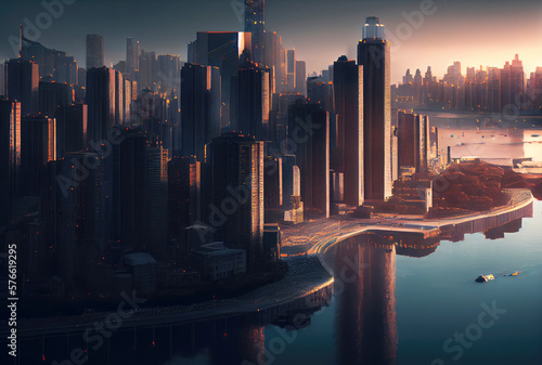 Beautiful cityscape aerial view of Manhattan with sunlight in the sunset background. Downtown and tourism concept. Generative AI