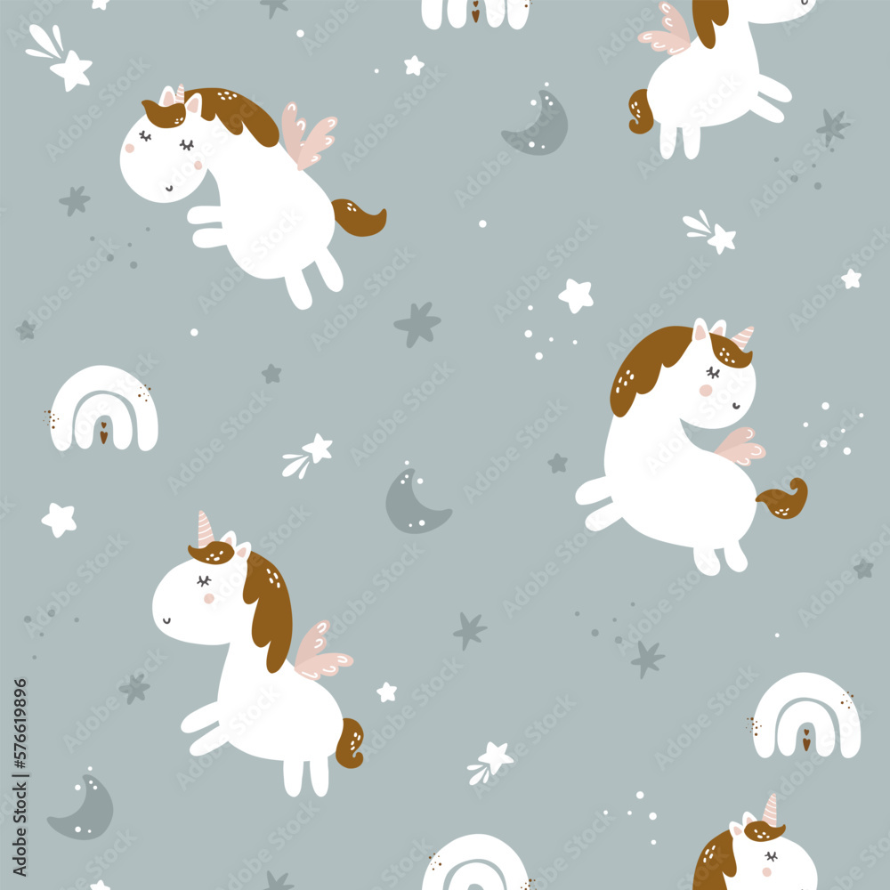 Seamless childish pattern with unicorn and rainbow. Cute vector texture for kids bedding, fabric, wallpaper, wrapping paper, textile, t-shirt print. Seamless childish pattern with unicorn and rainbow. Cute vector texture for kids bedding, fabric, wallpaper, wrapping paper, textile, t-shirt print.