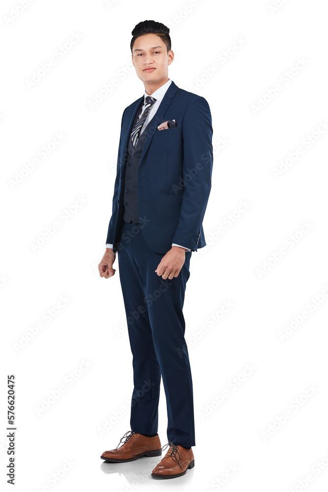 Smiling handsome young businessman in a formal suit feeling relaxed and confident, standing and looking at a camera isolated on a png background.