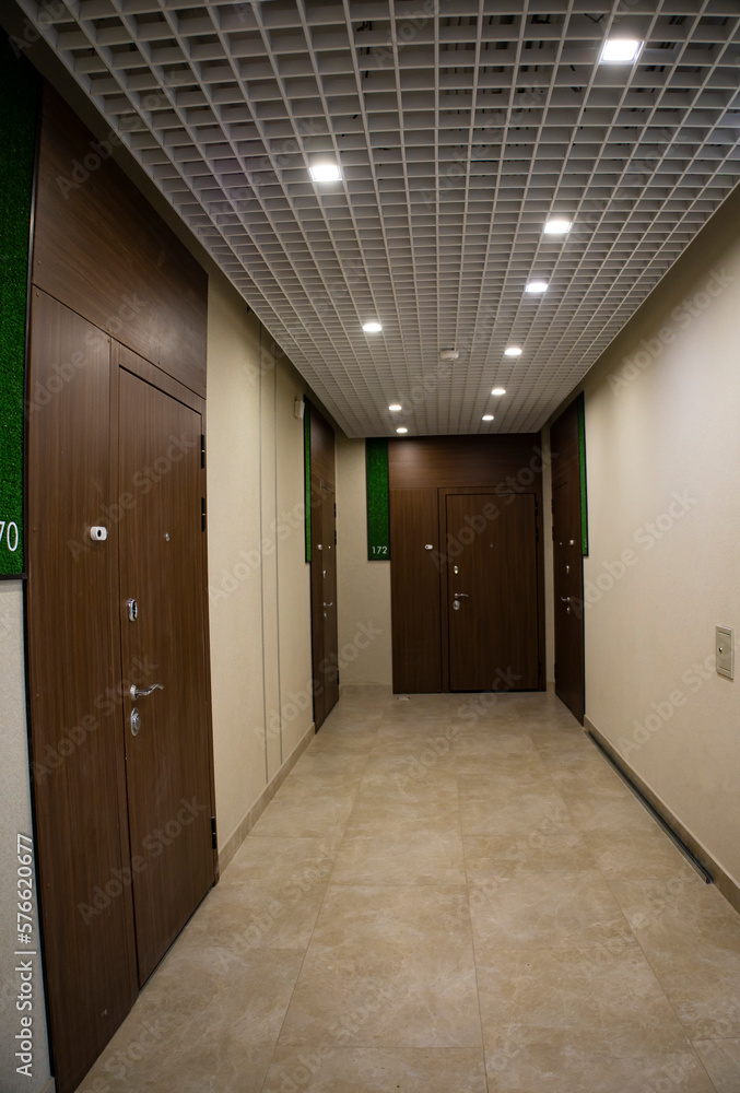 Contemporary interior of entrance hall in luxury apartment. Modern design of wall. Iron door. Mirror on wall. Contemporary interior of entrance hall in luxury apartment. Modern design of wall. Iron door. Mirror on wall.