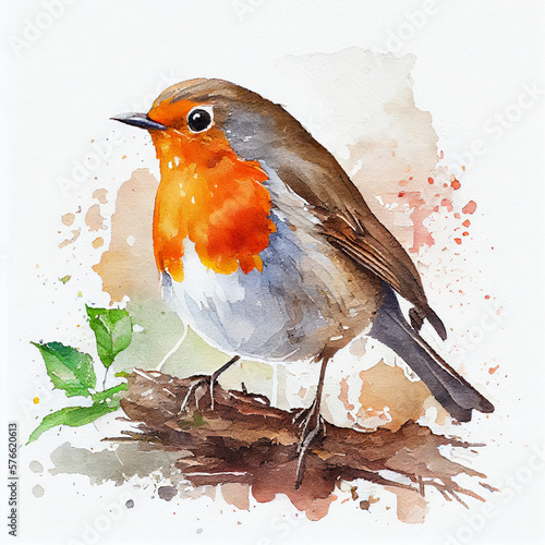 A small robin on a branch in a watercolour illustration style