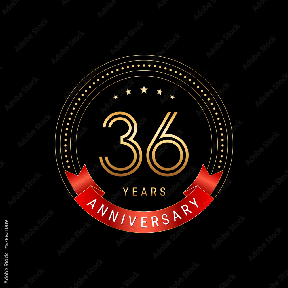 Fototapeta premium 36th Anniversary. Anniversary logo design with golden number and red ribbon. Logo Vector Template