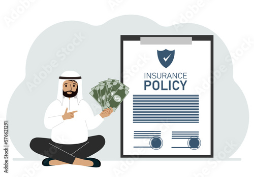 A man holds cash in his hands next to a large insurance policy. The concept of registration and payments under the insurance policy.