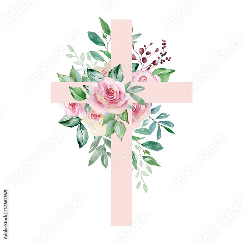 Fotobehang Watercolor cross decorated with roses, Easter religious symbol