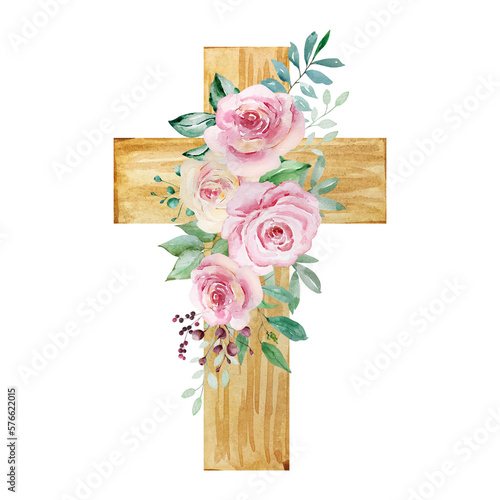 Vászonkép Watercolor cross decorated with roses, Easter religious symbol