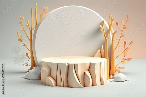A 3d paper cutout of a round stand with a tree stump in the background with generative ai 