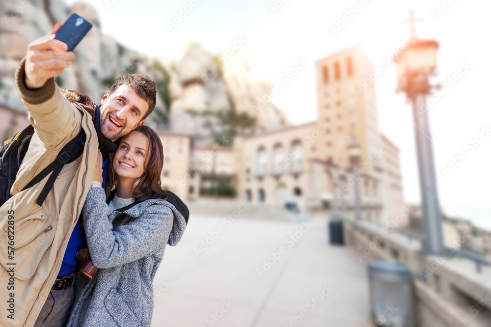 Happy couple do photo, traveling vacation concept