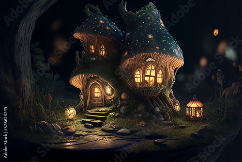 A mushroom house in a forest with pumpkins on the bottom with generative ai 