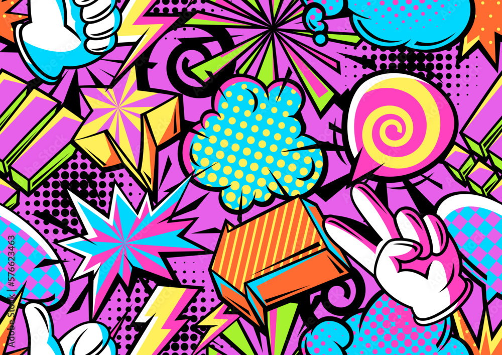 Fototapeta premium Seamless pattern with comic speech bubbles signs and symbols. Cartoon pop art creative image.