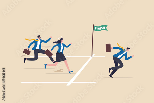 Go extra miles or extra step ahead the goal, push more effort to ensure succeed, exceed or beyond expectation, dedication concept, businessman running extra mile from finish line to ensure success. photo