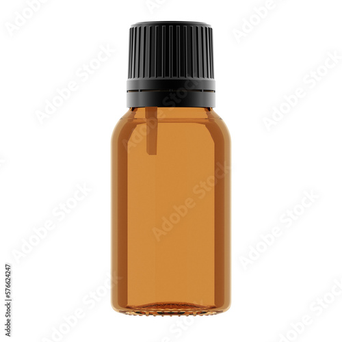 Amber glass essential oil bottle (15ml) with Black Cap 3D Rendering Transparent Background