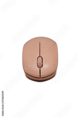 Pink wireless computer mouse isolated on white background. Computer hardware. Front view.