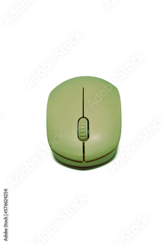 Green wireless computer mouse isolated on white background. Computer hardware. Front view.