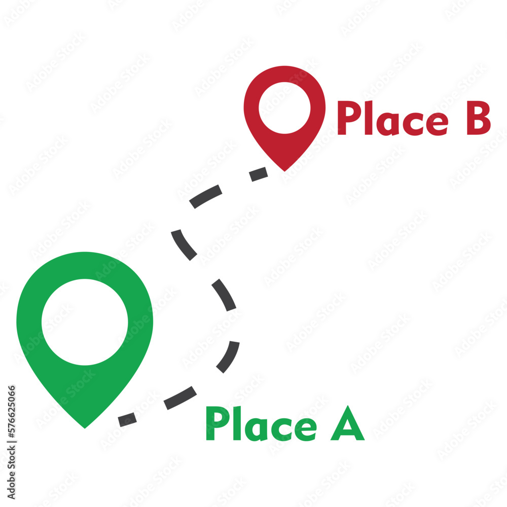 Distance between Place A to Place B, map icon, direction Distance between Place A to Place B, map icon, direction