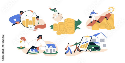 Finance concept. Saving money, analyzing, planning personal budget, investing. Income growth, investment, wealth, financial management. Flat graphic vector illustrations isolated on white background