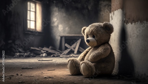 scene of a once-loved teddy bear in a abandoned room? Generative Ai