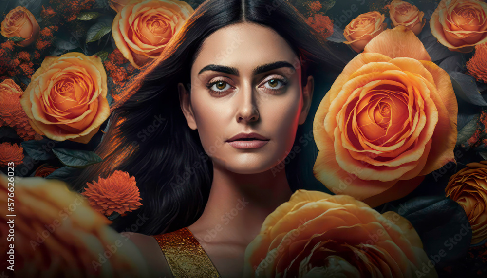 Woman portrait framed by flowers. generative AI Woman portrait framed by flowers. generative AI