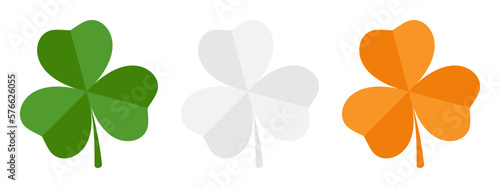 Set of shamrocks in Irish flag colors. Green, white and orange clovers