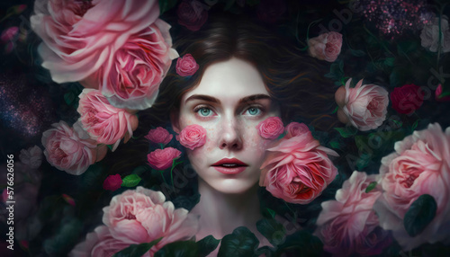 Woman portrait framed by flowers. generative AI