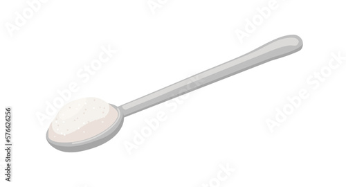 Beet sugar sand in tea spoon. Full teaspoon of sweet granulated crystals heap, pile for sweetening, adding in food. Flat cartoon vector illustration isolated on white background photo