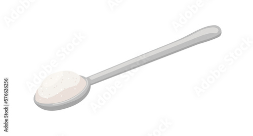 Beet sugar sand in tea spoon. Full teaspoon of sweet granulated crystals heap, pile for sweetening, adding in food. Flat cartoon vector illustration isolated on white background