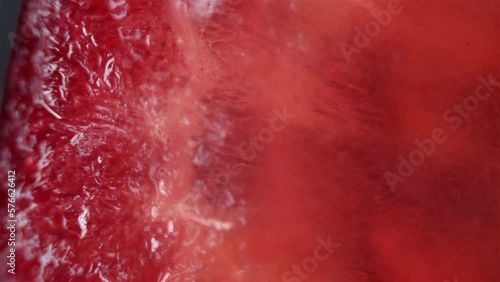 Red grapefruit parts. Close up view under the microscope. photo