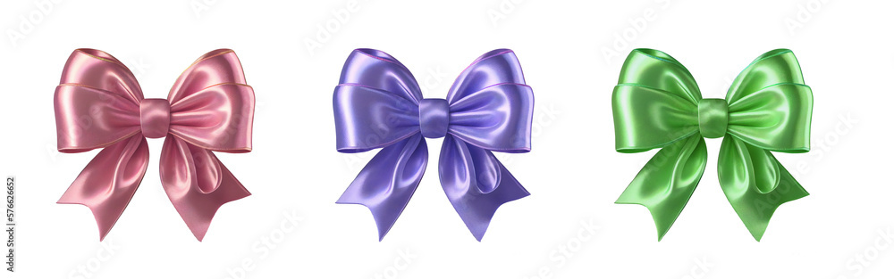 Set of Beautiful ribbon Bows. Green, Purple and Red colors. Isolated on white. Generative AI.