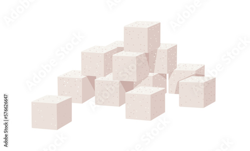 Refined sugar pieces, stacked cube blocks. Sweet ingredient pile, sweetening lumps heap. Flat cartoon vector illustration isolated on white background