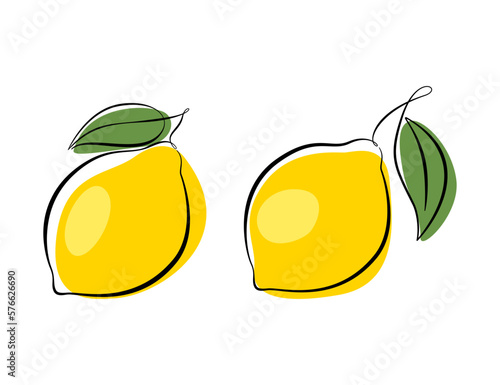 Lemon Icon set, collection fresh cut out lemon fruits isolated on white background. Fresh citrus with green leaf, sour fresh fruit, bright yellow peel. Outline with colored spots.