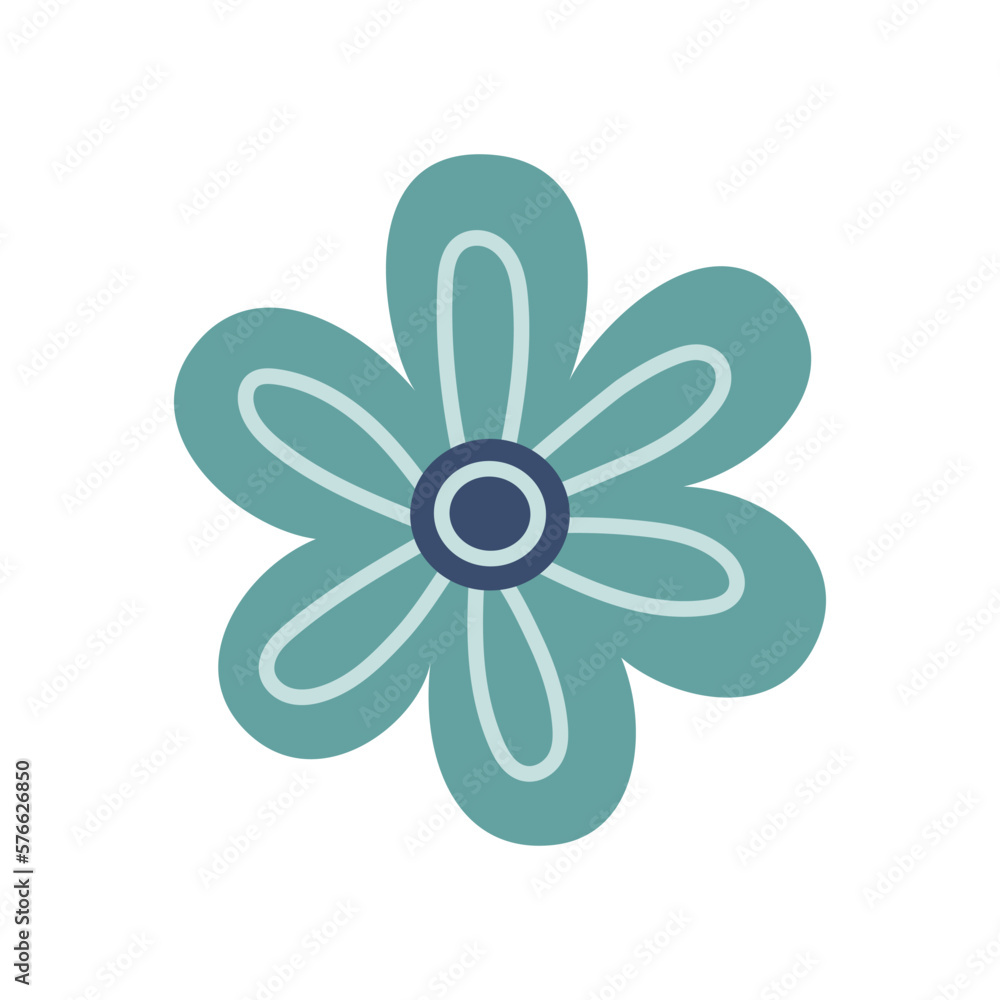 Vector illustration of simple abstract flower. Blue flower in flat design. Blossom flower in aquamarine color. Spring botanical illustration. Scandinavian clipart. Vector illustration of simple abstract flower. Blue flower in flat design. Blossom flower in aquamarine color. Spring botanical illustration. Scandinavian clipart.
