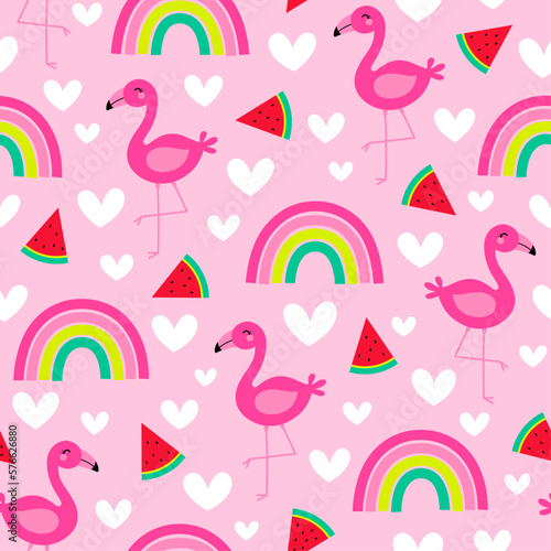 Cute hand drawn flamingo, rainbow, watermelon with heart seamless pattern for summer holidays background.