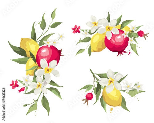 Summer decor with jasmine flowers, lemons and pomegranate branches. Vector illustration, floral design elements for wedding invitation and labels.	