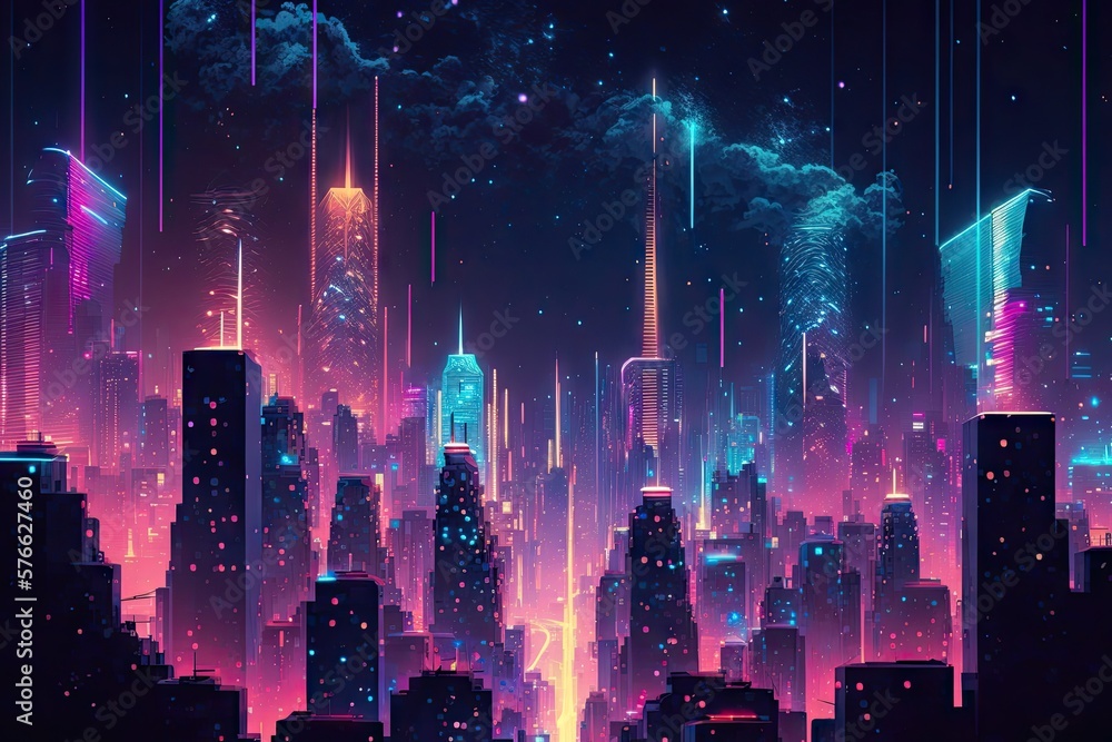 Glittering Skyscrapers Illuminating the Neon Night Sky Generative AI Glittering Skyscrapers Illuminating the Neon Night Sky Generative AI