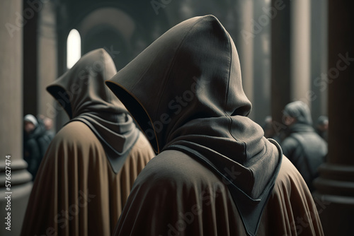 Two religious medieval monks in hood and mantle, rear view of pilgrims in crowd of people. Created by Generative AI