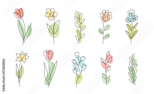 Vector set flowers and branches in simple minimalist continuous outline line style for logo, wedding design, greeting cards. Spring Summer floral collection. Hand drawn line.