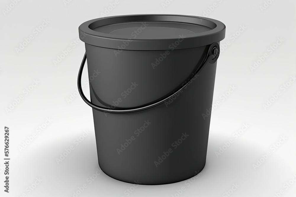 A black plastic bucket stands out against the white background. Family orderliness and cleanliness. Waste receptacle suitable for the family room, bathroom, or kitchen. No water in the well A black plastic bucket stands out against the white background. Family orderliness and cleanliness. Waste receptacle suitable for the family room, bathroom, or kitchen. No water in the well