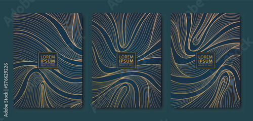 Vector japanese leaves art deco patterns. Wavy, sea golden elements template in vintage style. Luxury black line covers, flyers, brochures, packaging design, social media post, banners.