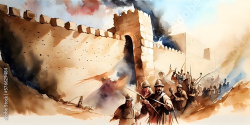 illustration of Battle of Jericho wall falling down, watercolor art, generative ai photo