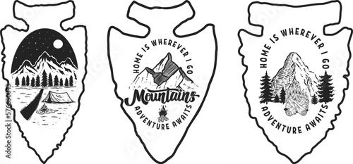 Set of Camping emblem in arrowhead shape. Design element for poster, card, banner, emblem, sign. Vector illustration photo
