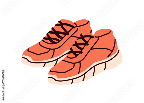 Trainers, sport shoes pair. Abstract athletic footwear, laced footgear. Modern sportswear for gym workout, running. Flat vector illustration isolated on white background