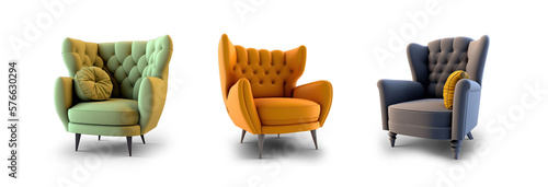 collection Set of gray orange and green retro vantage armchairs cutouts single seat sofas isolated on transparent background