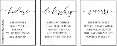 Failure, Leadership, Success. Inspiring positive quote. Frame workplace decoration. Triptych inspirational quotes wall art print for home, office wall decor. Black color motivational poster canvas.