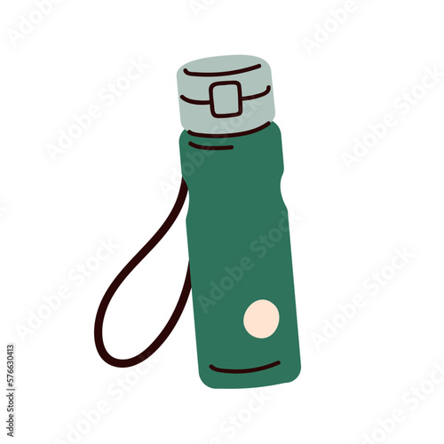 Water bottle, reusable eco-friendly tumbler for sport gym, travel. Plastic vessel for drink, liquid closed with cap on loop. Vacuum thermos. Flat vector illustration isolated on white background