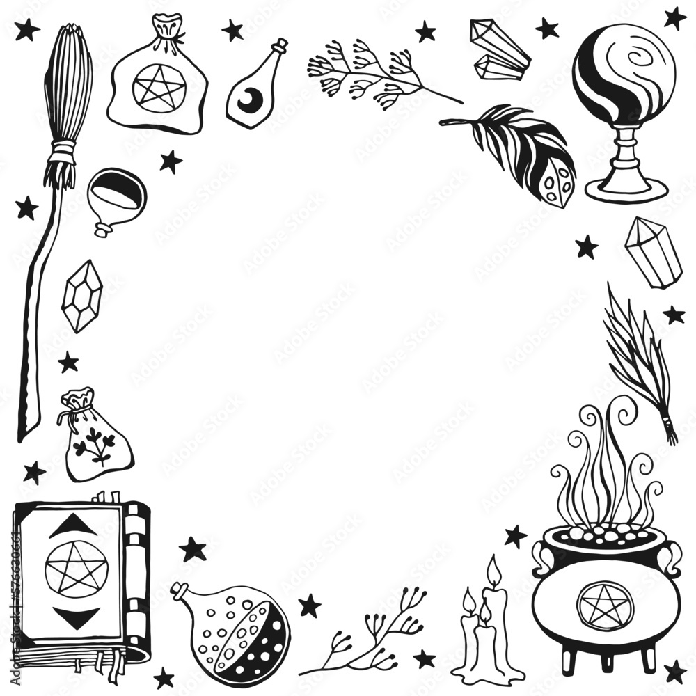 Witchcraft, magic background for witches and wizards. Hand drawn magic tools, concept of witchcraft. Witchcraft, magic background for witches and wizards. Hand drawn magic tools, concept of witchcraft.