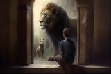 Boy and a lion in a den , generative ai