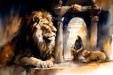 Daniel and the Lions, watercolor art, generative ai