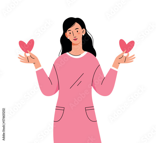 Woman holding two small hearts. Concept of love, assistance, care and support. Young girl in love or volunteer. Vector isolated character on a white background.