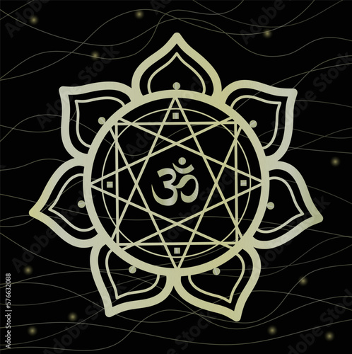 Golden mandala with om symbol in the center  on black background.
