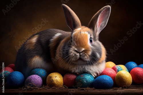 Osterhase auf bunten Eiern vor einer Holzwand photo