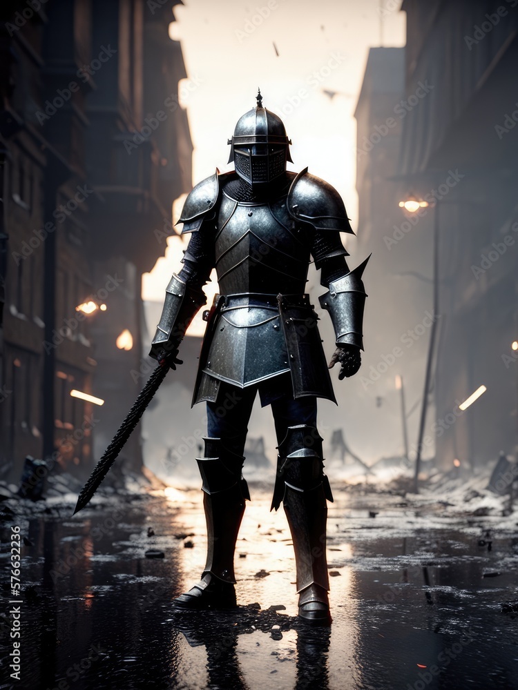 Obraz premium Knight standing on a battlefield in a city